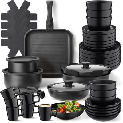 tectake® Complete Pannenset - Borden Set - Aardewerk - 47-delig - 6 Persoons - Set met Servies, Koekenpan, Grillpan, Kookpan, Kommen - Pannen met Deksel en Antiaanbaklaag - Ovenbestendig - Vaatwasbestendig - Geschikt voor Inductie - Zwart