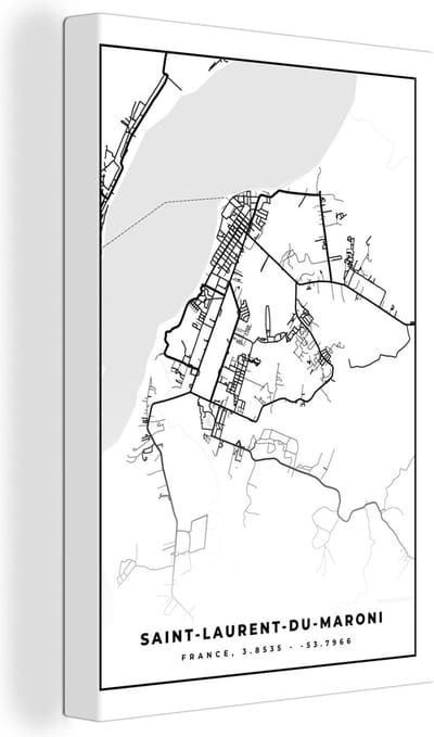 Canvas Schilderij Stadskaart - Frankrijk - Kaart - Saint-Laurent-du-Maroni - Plattegrond - Zwart wit - 20x30 cm - Wanddecoratie