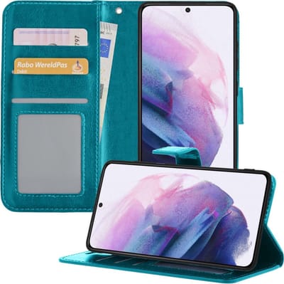 Hoesje - Met Pasjeshouder - Geschikt voor Samsung Galaxy S21 - Luxe Bookcase Portemonee - Flip Case - Kunstleer Book Case - Flipcase - Book Cover - Walletcase - Portemonneehoes - Telefoonhoesjes - Turquoise