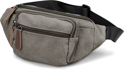 Heuptas van metaalgrijs canvas en bruin leer