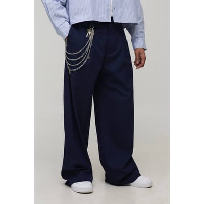 Baggy Fit Pinstripe Pleat Front Smart Trouser With Chain | Navy | Size 46