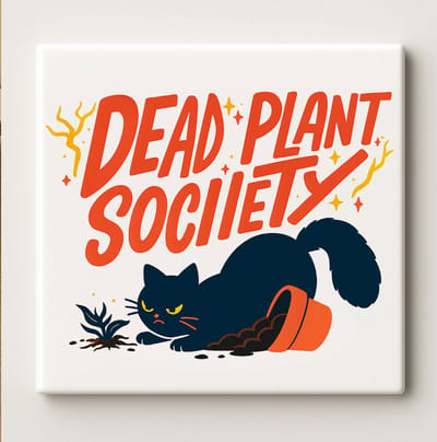 Dead Plant Society Keramische Tegel 15x15cm – Grappige Kat en Plant Wanddecoratie – Humoristisch Cadeau voor Plantenliefhebbers & Huisdecoratie