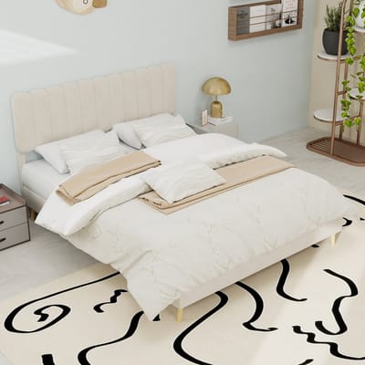 Modern minimalistisch gestoffeerd bed met zacht hoofdeinde - 140x200 cm - beige - multifunctioneel slaapkamermeubilair - laag profiel zonder opbergruimte (zonder gasveer) - matras niet inbegrepen.