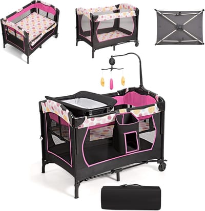 Inklapbaar Reisbed - Mobiele Wieg Box - Baby Comfort - 4-in-1 Functies - 107 x 72 x 119 cm - Roze