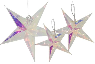 Svenska Living Verlichte kerststerren - 3x- 26, 34 en 53 cm - zilver - iriserend -batterij