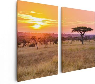 Artaza Canvas Schilderij Tweeluik Zonsondergang In De Savanne - 80x60 - Foto Op Canvas - Canvas Print
