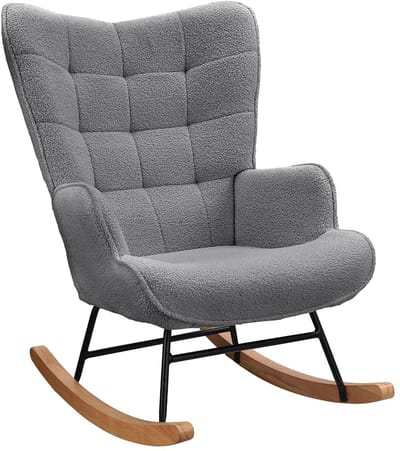 Aafinity Stoel - Schommelstoel - Hangstoel - met rugleuning - Houten onderstel - Teddy Fluwelen Stof - Donkergrijs - Geruit