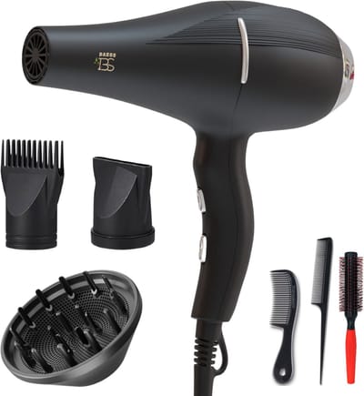 BAESS Föhn met Diffuser - 5 Standen - Ionische Haardroger met Borstel - Coolshot - 2200W - Haarföhn - Krullen - Hair dryer - Zwart