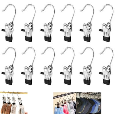12stuks-Driedelige kledingclip - kledinghangerclip van roestvrij staal - Draagbare kledingclip - Broekclip-Sokkenclip-Droogclip-Antislip kledinghangerclip-Zwart-12*4,5 cm-Geschikt voor het drogen van broeken, handdoeken, schoenen, sokken en pantalons