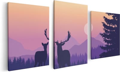 Artaza Canvas Schilderij Drieluik Twee Herten - Zonsondergang - Silhouet - 120x60 - Foto Op Canvas - Canvas Print