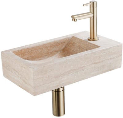 Saniclass Fuente fonteinset – rechthoekig – 40x22x10 cm – travertin beige – geborsteld gouden kraan