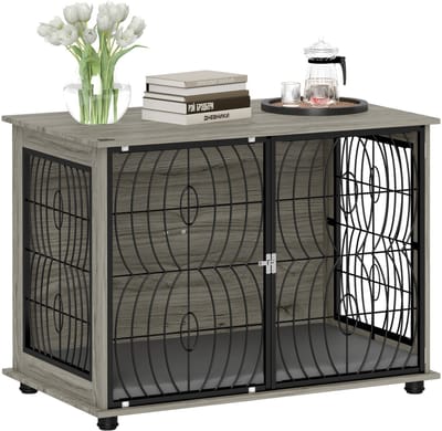 PawHut Hundekäfig für Zuhause, Haustierkäfig, Indoor Hundehütte mit Fenster, Hundebox mit Kissen, Hundehaus für große Hunde, 100 x 60 x 73,5 cm, Grau