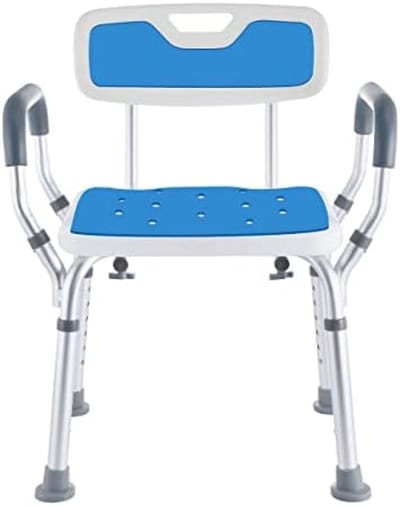 Douchestoel met afneembare rugleuning en armleuningen, antislip, hoogte verstelbaar, wit en blauw - Ideaal voor senioren en mindervaliden