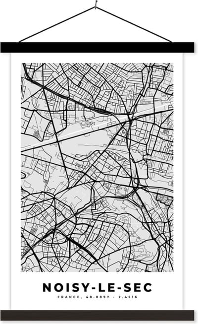 Posterhanger incl. Poster 40x60 cm - Schoolplaat - Frankrijk - Plattegrond - Kaart - Noisy-le-Sec - Stadskaart - Textielposter - Zwarte latten - Stadskaart