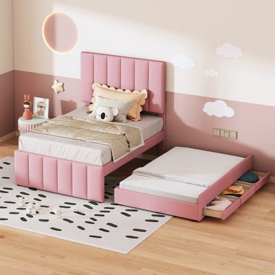 SINGULARITY-Gestoffeerd bed 90 x 200 cm met uitschuifbed en opberglades- vlak eenpersoonsbed- kinderbed- jeugdbed- logeerbed (roze)- zonder matras