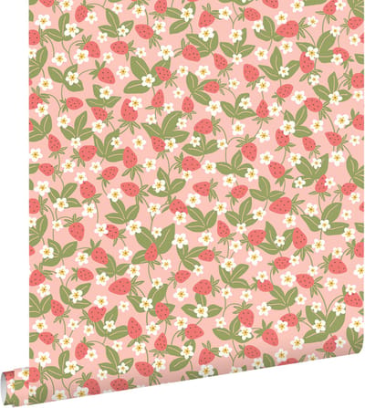 ESTAhome behang aardbeien groen en roze - 50 x 900 cm - 132172