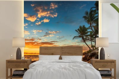Behang - Fotobehang Strand - Zonsondergang - Zee - Palmboom - Breedte 280 cm x hoogte 280 cm