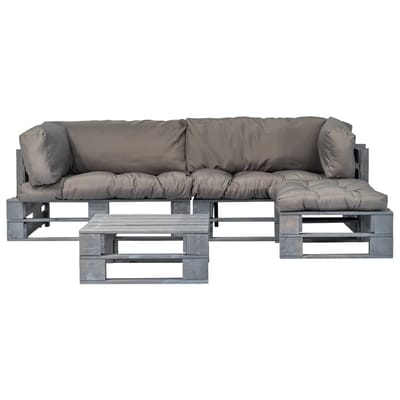 vidaXL - 4-delige - Loungeset - pallet - met - grijze - kussens - hout