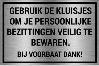 Gebruik de kluisjes voor persoonlijke bezittingen bord - gecoat brushed aluminium | 18 x 12 cm