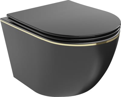 Mexen Lena wc-pot Rimless met langzaam sluitende slanke zitting, duroplast, mat zwart/gouden lijn - 30224075