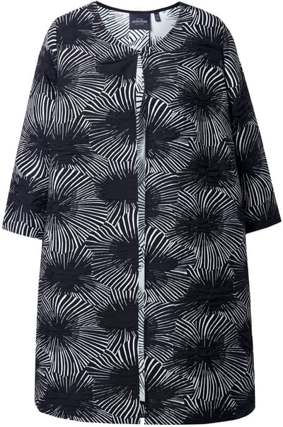 Ulla Popken - Dames - Jacquard jas A-lijn ronde hals 3/4-mouwen - Zwart - Maat 46+