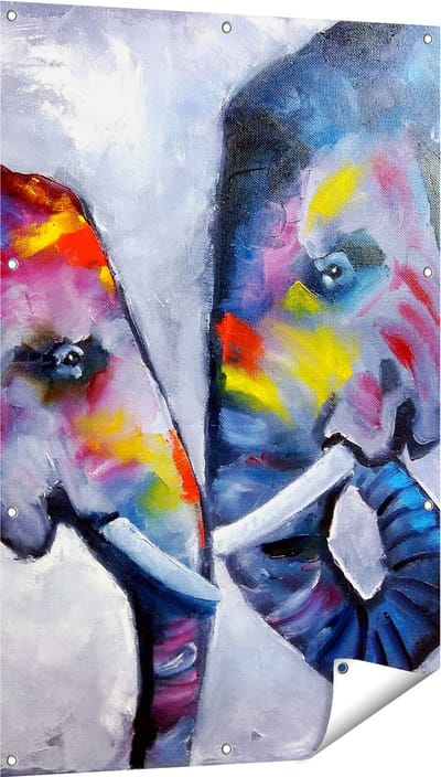 Gards Tuinposter Twee Getekende Olifanten - Abstract - 80x120 cm - Tuindoek - Tuindecoratie - Wanddecoratie buiten - Tuinschilderij