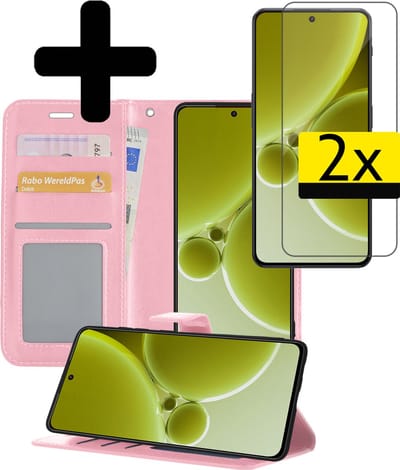 Hoesje - Met 2x Screenprotector - Geschikt voor OnePlus Nord 3 - Luxe Pasjeshouder - Bookcase Portemonee - Flip Case - Kunstleer Book Case - Flipcase Hoes - Book Cover - Walletcase - Portemonneehoes - Telefoonhoesjes - Lichtroze