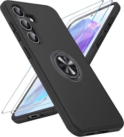 Hoesje en Glas Geschikt voor Samsung Galaxy A17 5G - Zwart - Casemania Armor Back Cover met Kickstand Ring en 2x Tempered Glazen Screenprotector