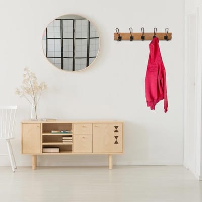 Houten muurwandhouder 5 ijzeren zwarte haken - Fer|Pin - Zwart - SILUMEN