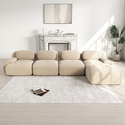 BLACKCOLORS Hoekbank met 4 zitplaatsen en zeer elastische 32D-vulling, antislip, met chaise longue, extra brede armleuningen, vrij te combineren, zonder montage, voor kantoor, woonkamer en thuisbioscoop, beige