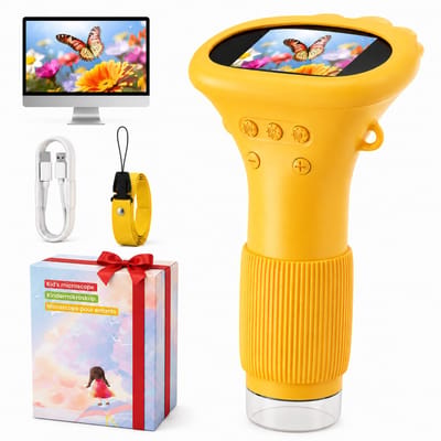 Digitale Microscoop Voor Kinderen 1000X - Handmicroscoop met 2 Inch IPS Scherm Foto Video en 8 LED - Draagbare Handmicroscoop - Hand en Zakmicroscoop - Draagbare Kinder Microscoop - STEM Educatief Speelgoed voor Ontdekken in Tuin en Natuur - Geel