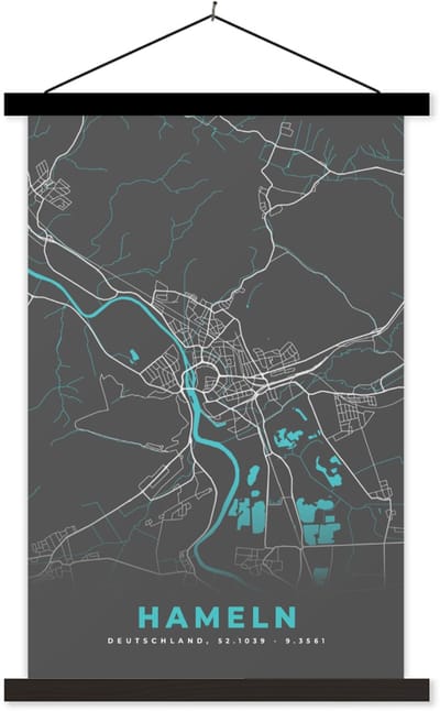 Posterhanger incl. Poster 40x60 cm - Schoolplaat - Blauw – Duitsland – Plattegrond – Stadskaart – Kaart – Hameln - Textielposter - Zwarte latten - Stadskaart