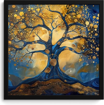 Poster in lijst - Fotolijst 40x40 cm - Posters - Boom - Levensboom - Blauw - Goud - Posterlijst zwart - Decoratie - Wanddecoratie woonkamer - Muurdecoratie slaapkamer