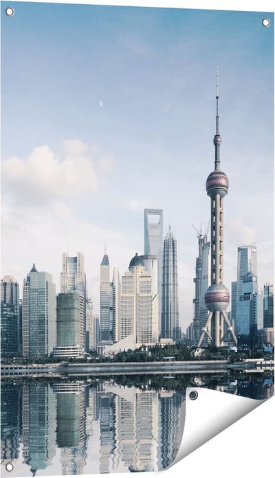 Gards Tuinposter Shanghai Skyline in China - 60x90 cm - Tuindoek - Tuindecoratie - Wanddecoratie buiten - Tuinschilderij