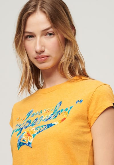 Superdry - T-shirt met kapmouwen, bloemenprint en tekst - Dames - T-shirts