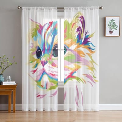 Prachtige Kat Transparante Gordijnen Voor Woonkamerraam Transparant Voile Tule Gordijn Slaapkamer Gordijnen Woondecoratie 135W x 114H(cm) beige