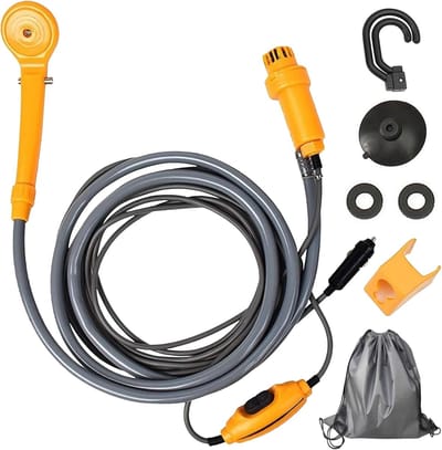 Thijox - Campingdouche 12V Draagbaar met Handdouche en Slang - Ideaal voor Kamperen, Wandelen, Strand en Huisdieren - Inclusief Zuignap en Haak