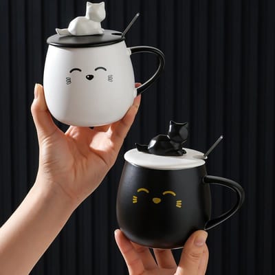 Artoon Lachend Gezicht met Deksel Lepel Hoge Waarde Keramische Kop Leuke Mok Stelletje Klein Cadeau Waterbeker Hoge Temperatuurbestendigheid Beker 400ML white