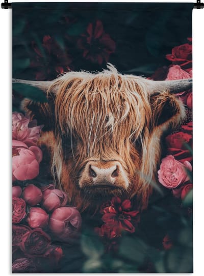 Wandkleed - Wanddoek - Koe - Schotse hooglander - Bloemen - botanisch - 120x180 cm - Wandtapijt