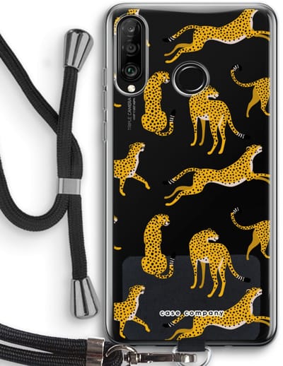 Case Company® - Hoesje met koord geschikt voor Huawei P30 Lite hoesje met Koord - Luipaard - Telefoonhoesje met Zwart Koord - Bescherming aan alle Kanten en Over de Schermrand