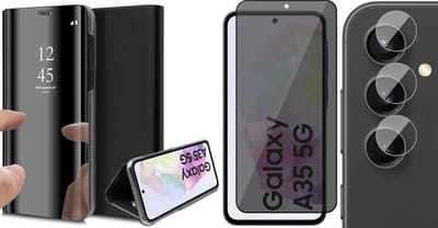 Hoesje geschikt voor Samsung Galaxy A35 - Privacy Screenprotector Volledig Dekkend Glas & Camera - Spiegel Book Case Zwart