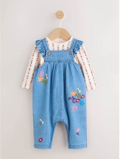Next - Meisjes - 2-delige set van tuinbroek en rompertje met lange mouwen - Blauw