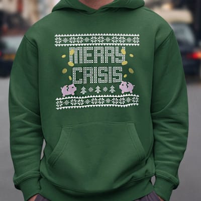 Foute Kerst Hoodie Groen Merry Crisis Piggybank XL - Uniseks Pasvorm - Kerstkleding Voor Dames & Heren