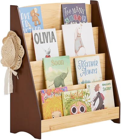 SoBuy KMB32-N Boekenkast voor kinderen, speelgoed, boekenkast, 4 niveaus, met 2 haken, boekenrek, opbergkast, slaapkamer, kantoor, woonkamer, natuur, 91 x 30 x 89 cm