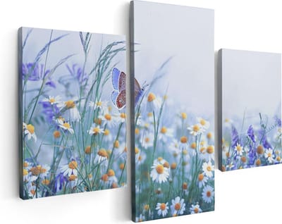 Artaza Canvas Schilderij Drieluik Witte Kamille Bloemen Met Een Vlinder - 90x60 - Foto Op Canvas - Canvas Print