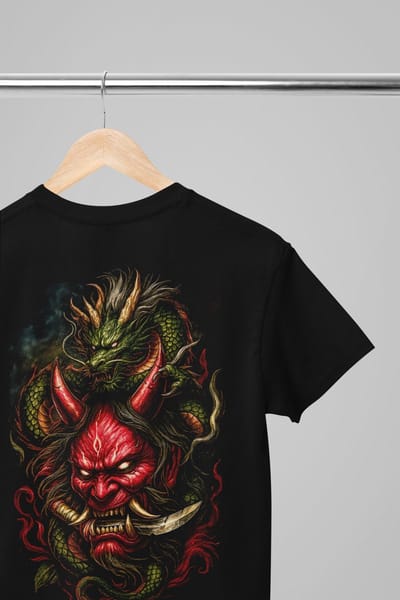 Oversized shirt - Red oni mask dragon - Wurban Wear | Draak | Anime streetwear | Asian streetwear | Streetwear | Geisha | Techno outfit | Fantasy shirt | Gym shirt | y2k | Tattoo | Urban | Grote maten | Japanese mythology | Samurai | Zwart