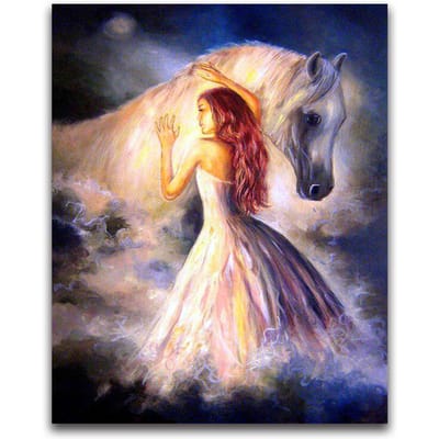 Borduurdiamantschilderijen Meisje met wit paard Borduurpaarddiamant 20X30CM gray