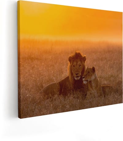 Artaza Canvas Schilderij Leeuw - 100x80 cm - Groot - Wanddecoratie Leeuwenpaar - Muurdecoratie Dieren - Schilderijen Op Canvas Safari