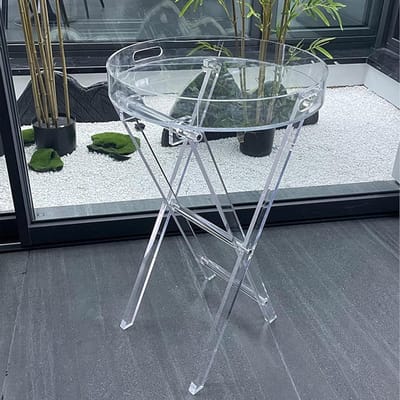 Acryl bijzettafel, Ronde buitentafel met dienblad, opvouwbare salontafel van acryl met handvat