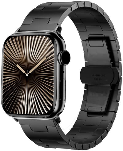 RVS schakel bandje - geschikt voor Apple Watch 1/2/3/4/5/6/7/8/9/10/11/ SE (1,2,3) met maat 38 mm / 40 mm / 41 mm en 42 mm (Watch 10/11) - vlindersluiting - zwart